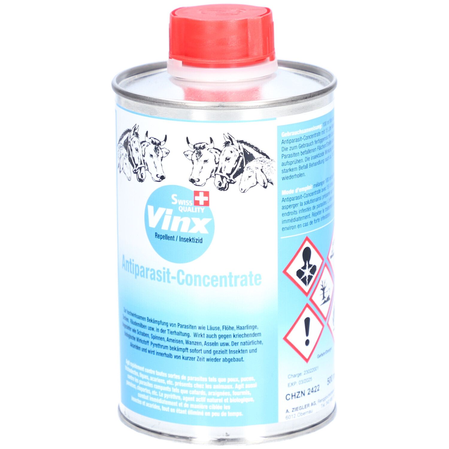 Metallbehälter mit rotem Deckel. Aufschrift: Vinx, Antiparasit-Concentrate. Gefahrensymbole. Schweizer Kreuz.