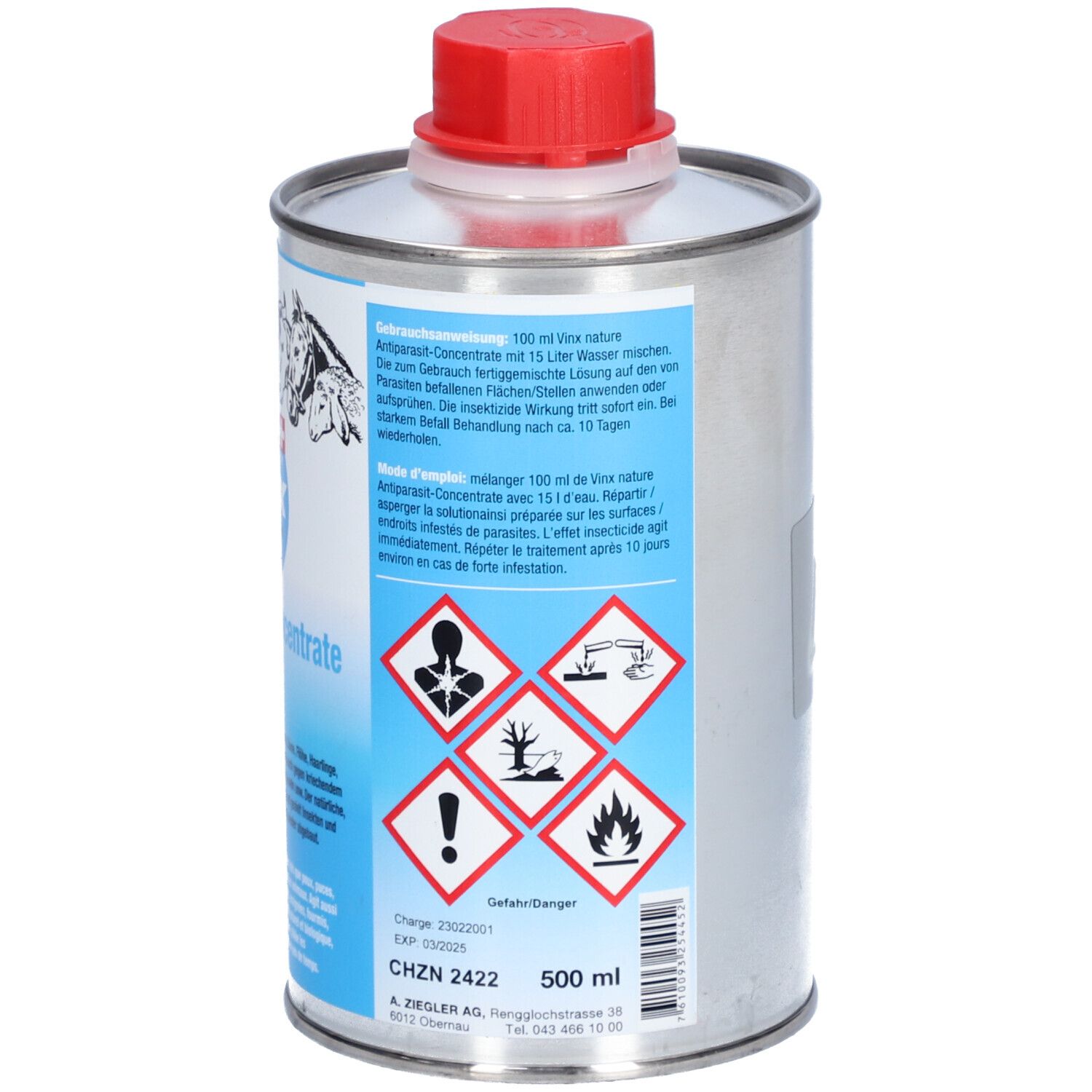 Metallbehälter mit rotem Deckel. Aufschrift: Vinx, Antiparasit-Concentrate. Gefahrensymbole. 500 ml.
