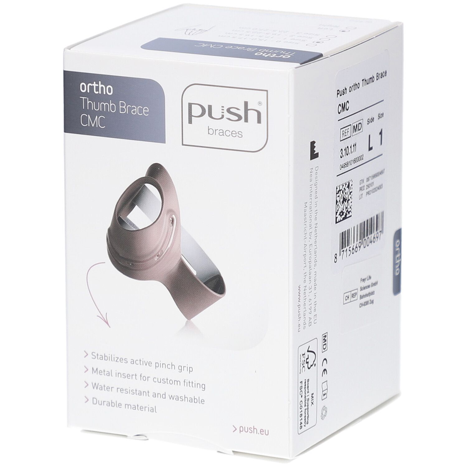 Verpackung Push ortho Daumenorthese CMC. Produkt abgebildet. Produktname, Logo und Eigenschaften auf der Verpackung.