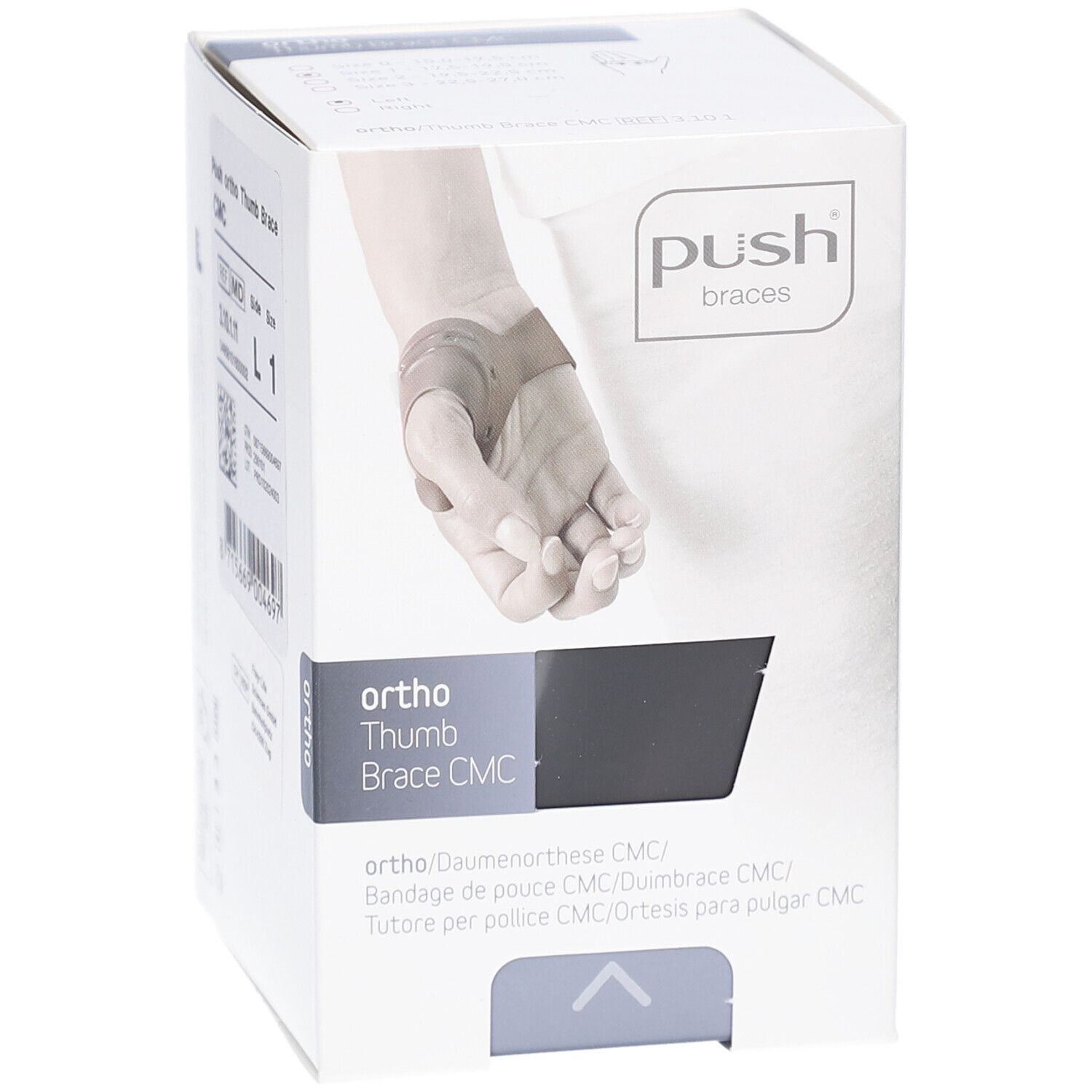 Verpackung Push ortho Daumenorthese CMC. Graue Bandage auf weißem Hintergrund. Produktname und Logo sichtbar.