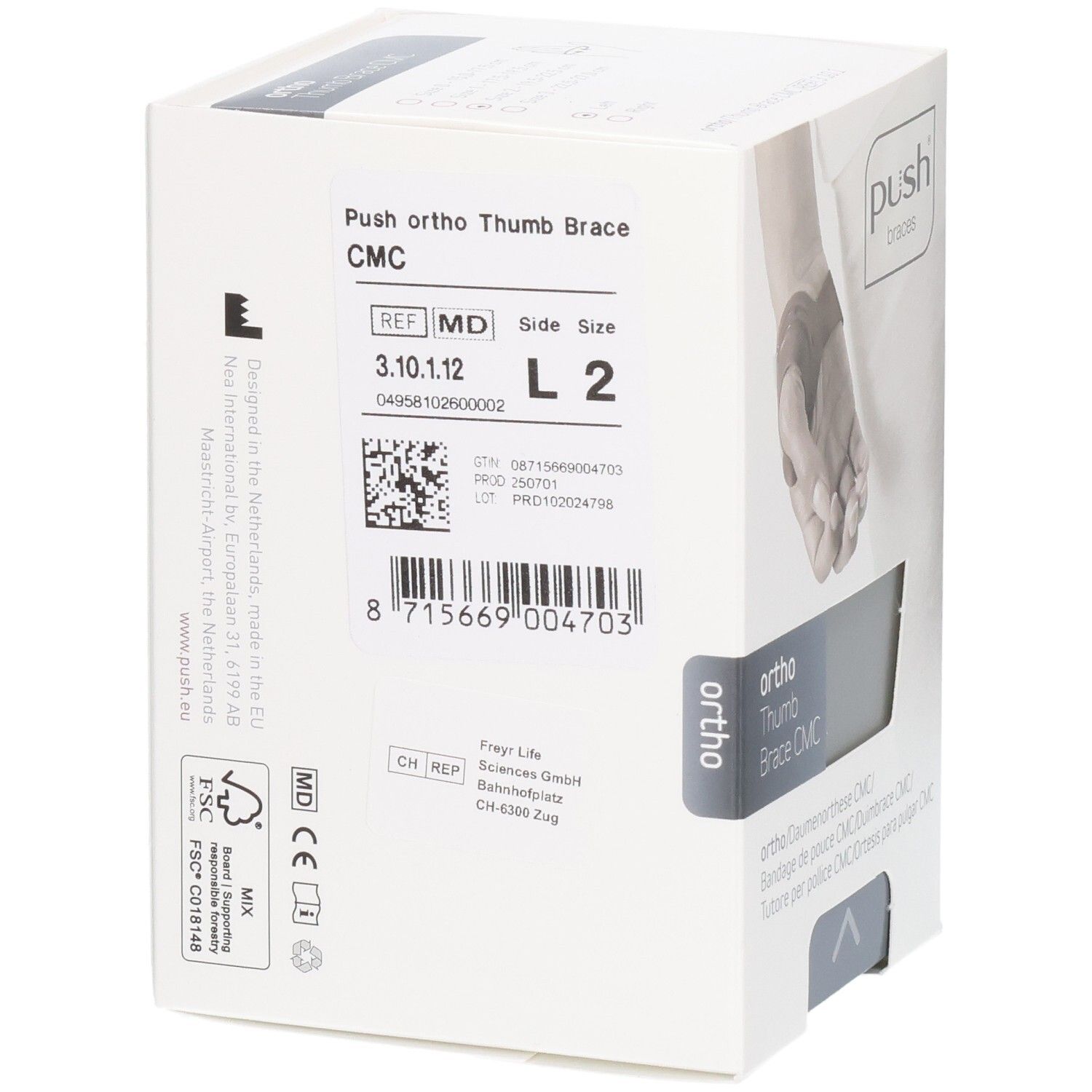 Rückseite der Push ortho Daumenorthese CMC Verpackung mit Produktinformationen und Barcode.