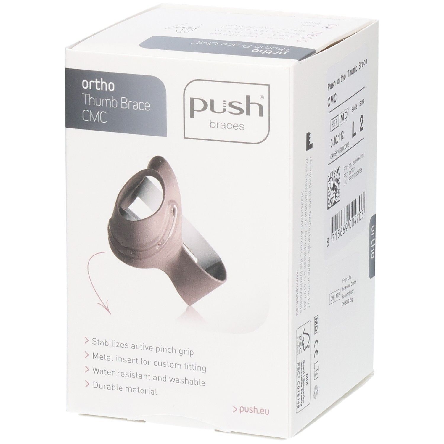 Verpackung der Push ortho Daumenorthese CMC mit Darstellung der Orthese und Produktmerkmalen.