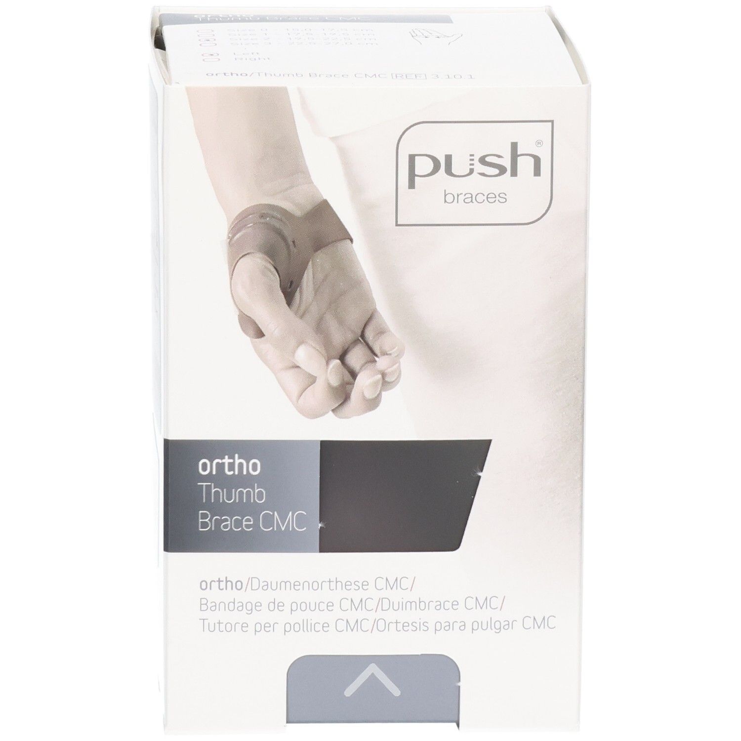 Verpackung der Push ortho Daumenorthese CMC mit Abbildung einer Hand und Produktnamen.
