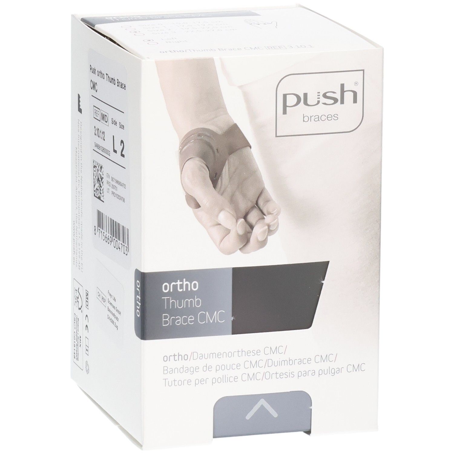Verpackung der Push ortho Daumenorthese CMC mit Produktinformationen und Abbildung einer Hand.