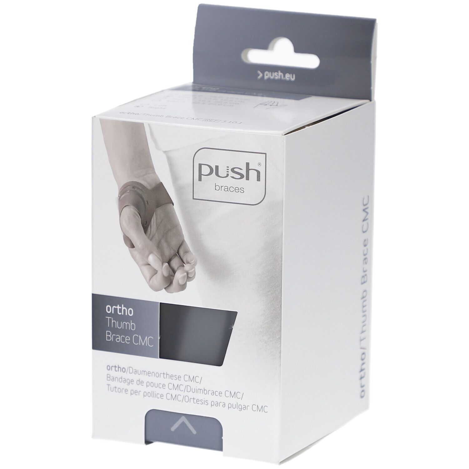 Verpackung der Push ortho Daumenorthese CMC. Aufdruck: ortho, Daumenorthese CMC, Push braces. Abbildung einer Hand mit Orthese.