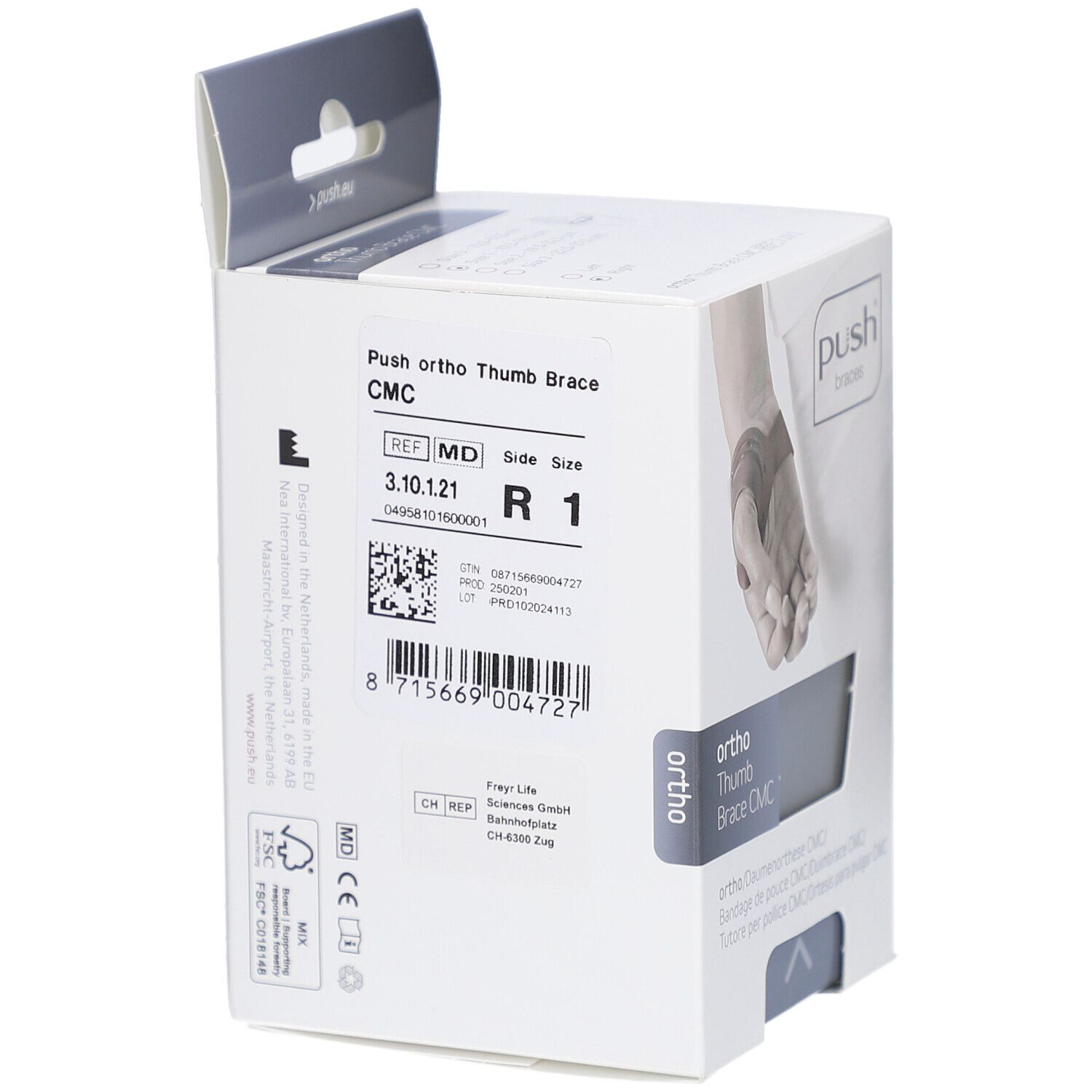 Verpackung der Push ortho Daumenorthese CMC. Aufdruck: Push braces, ortho, Daumenorthese CMC, REF, MD, Größe. Barcode und weitere Informationen.