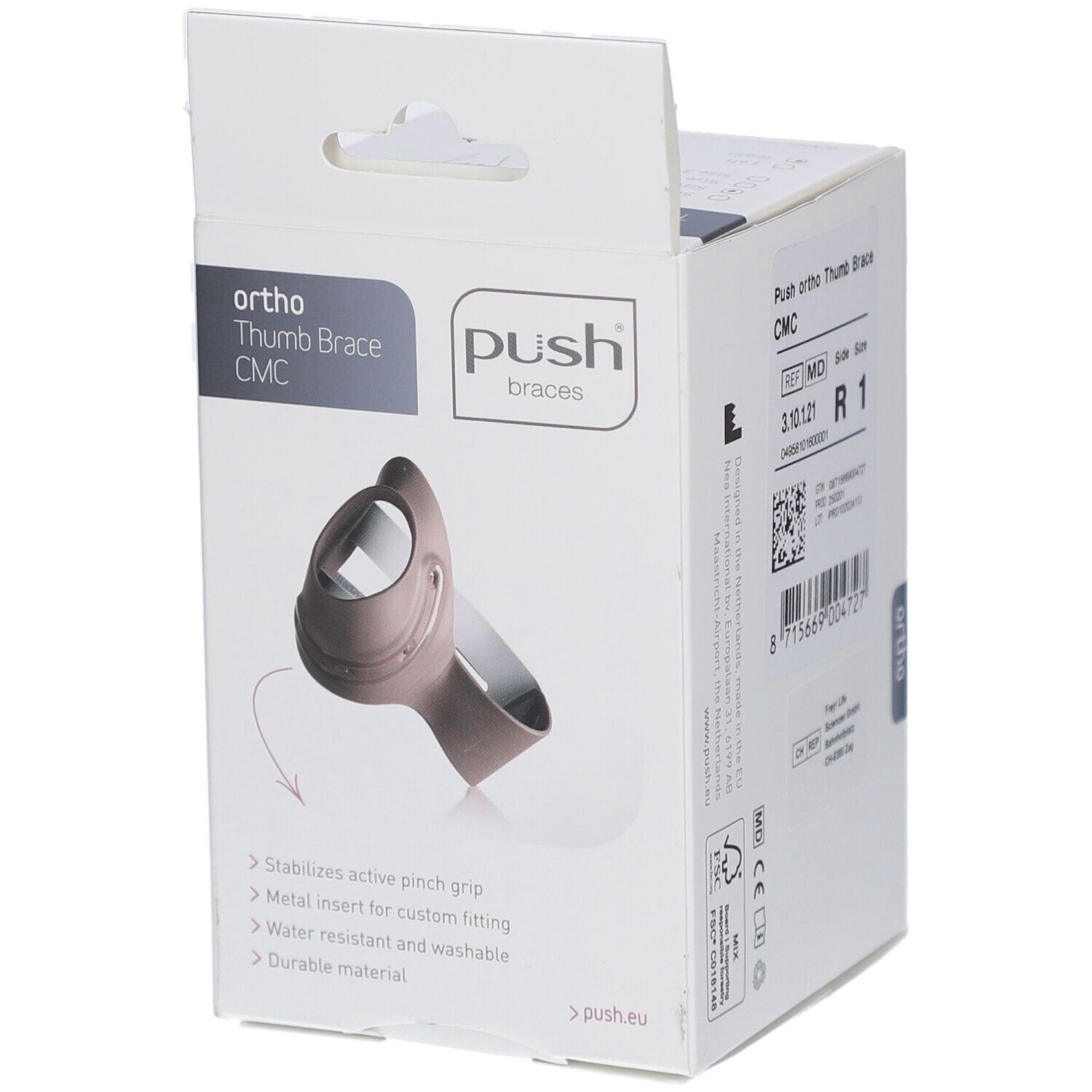 Verpackung der Push ortho Daumenorthese CMC. Aufdruck: Push braces, ortho, Daumenorthese CMC. Abbildung der Orthese. Text: Stabilisiert aktiven Spitzgriff.