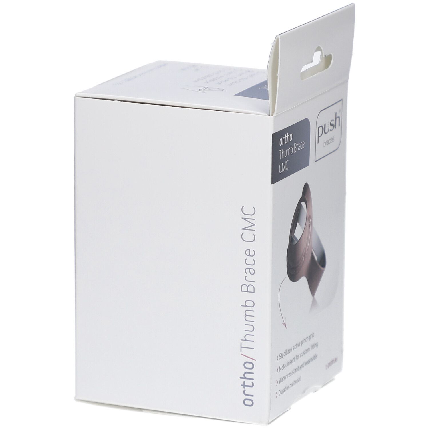 Verpackung der Push ortho Daumenorthese CMC. Aufdruck: ortho, Daumenorthese CMC, Push braces. Leere Verpackung, teilweise geöffnet.