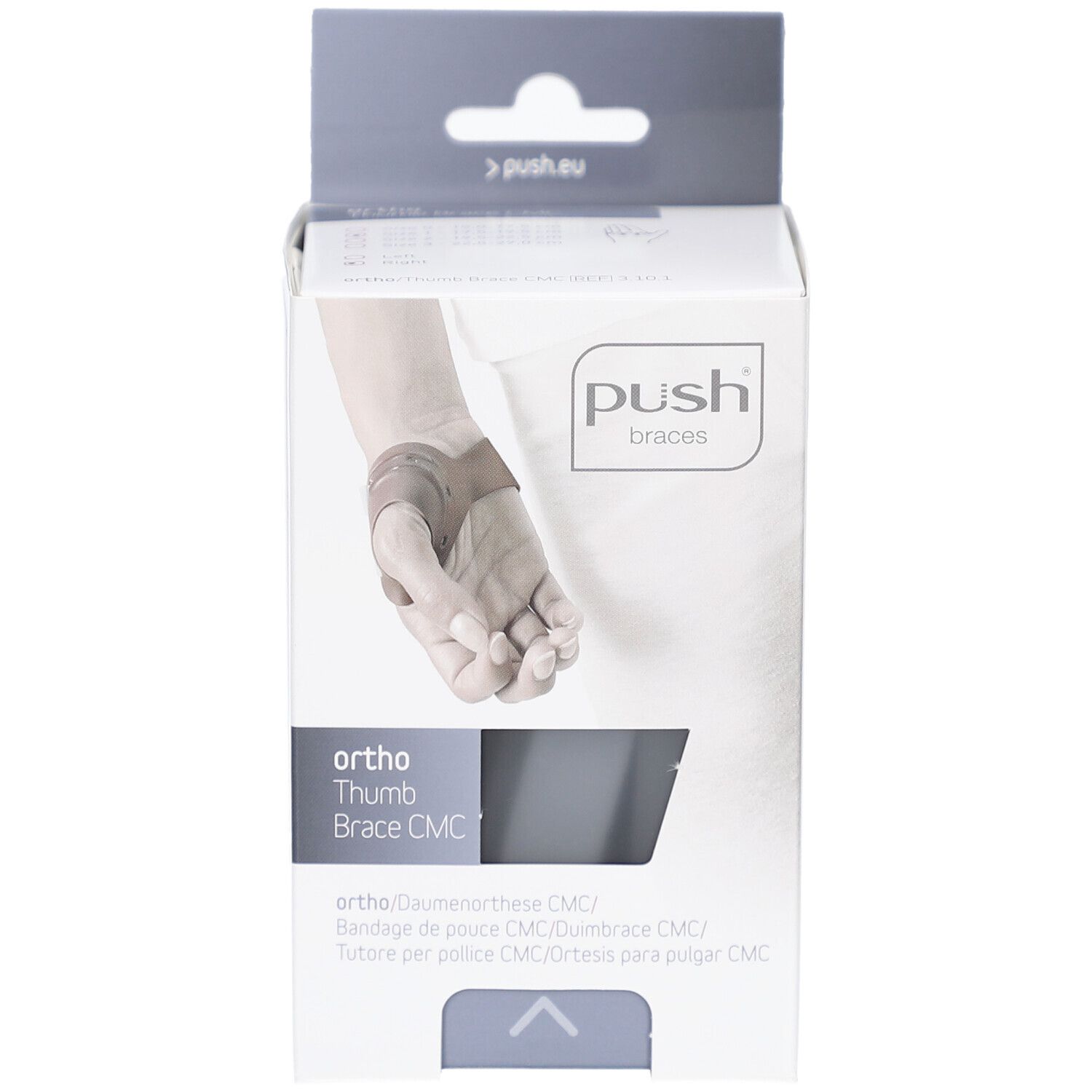 Verpackung der Push ortho Daumenorthese CMC. Aufdruck: ortho, Daumenorthese CMC, Push braces. Abbildung einer Hand mit Orthese.