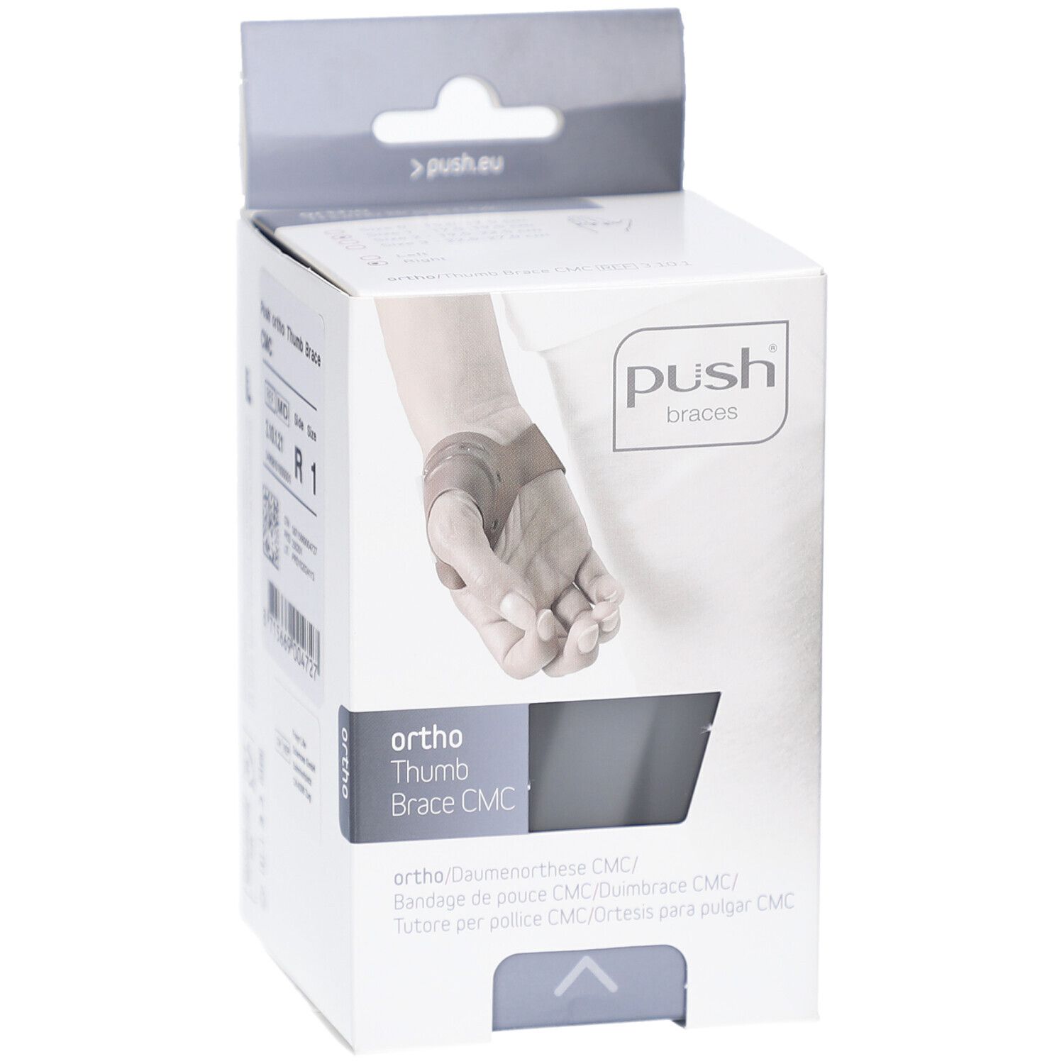 Verpackung der Push ortho Daumenorthese CMC. Aufdruck: Push braces, ortho, Daumenorthese CMC. Abbildung einer Hand mit Orthese.