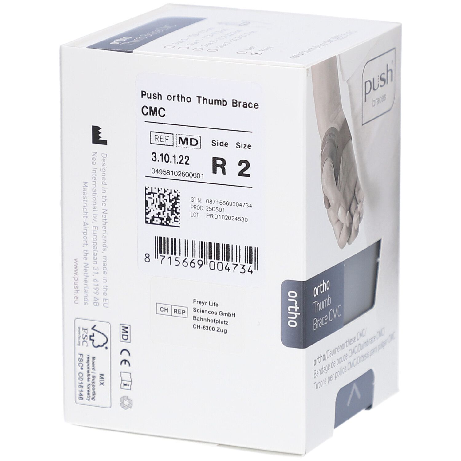 Weißer Karton mit Push braces Logo und Produktinformationen. Aufschrift: Ortho Thumb Brace CMC. Barcode und Referenznummern.