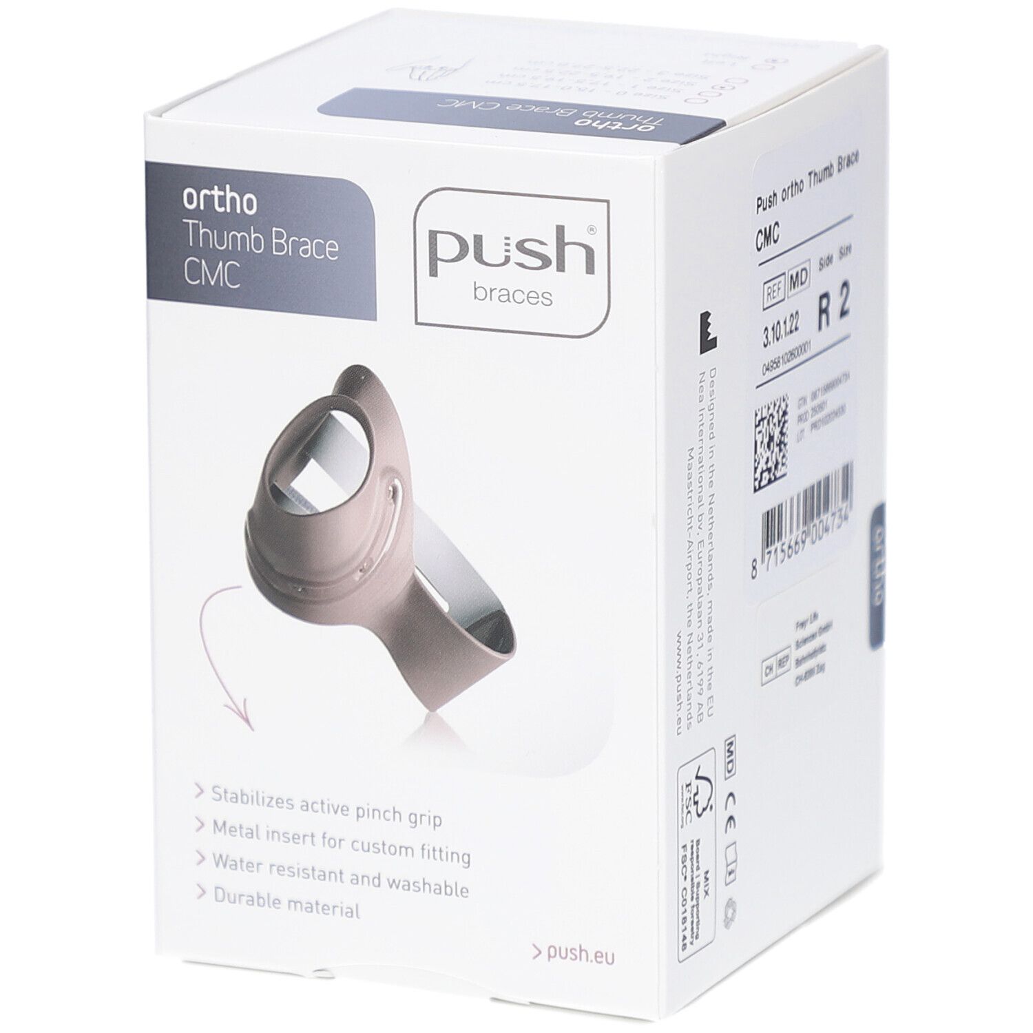 Weißer Karton mit Push braces Logo und Produktabbildung. Aufschrift: Ortho Thumb Brace CMC. Produktmerkmale: aktiver Greifgriff, Metall.