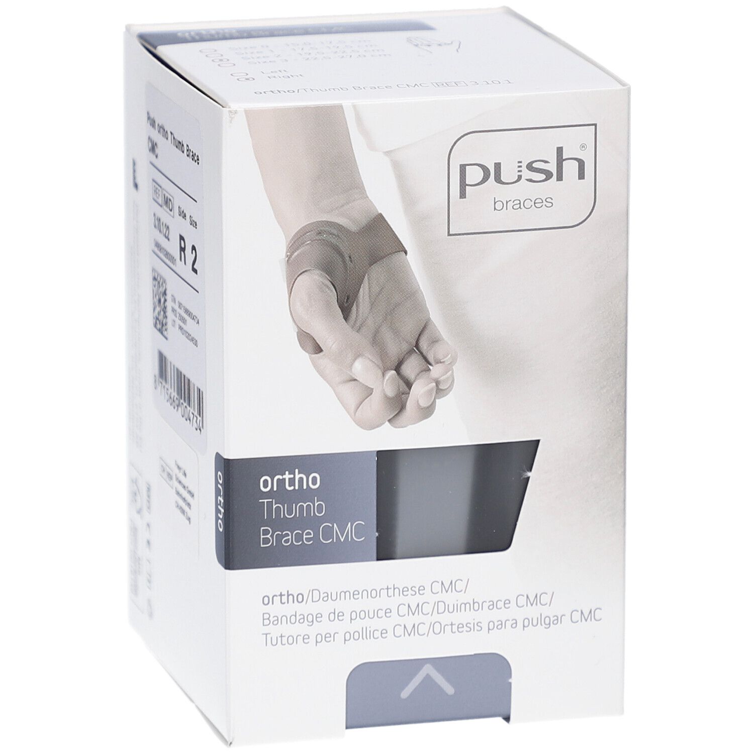 Weißer Karton mit Push braces Logo und Produktabbildung. Aufschrift: Ortho Thumb Brace CMC. Mehrsprachige Produktbezeichnungen.