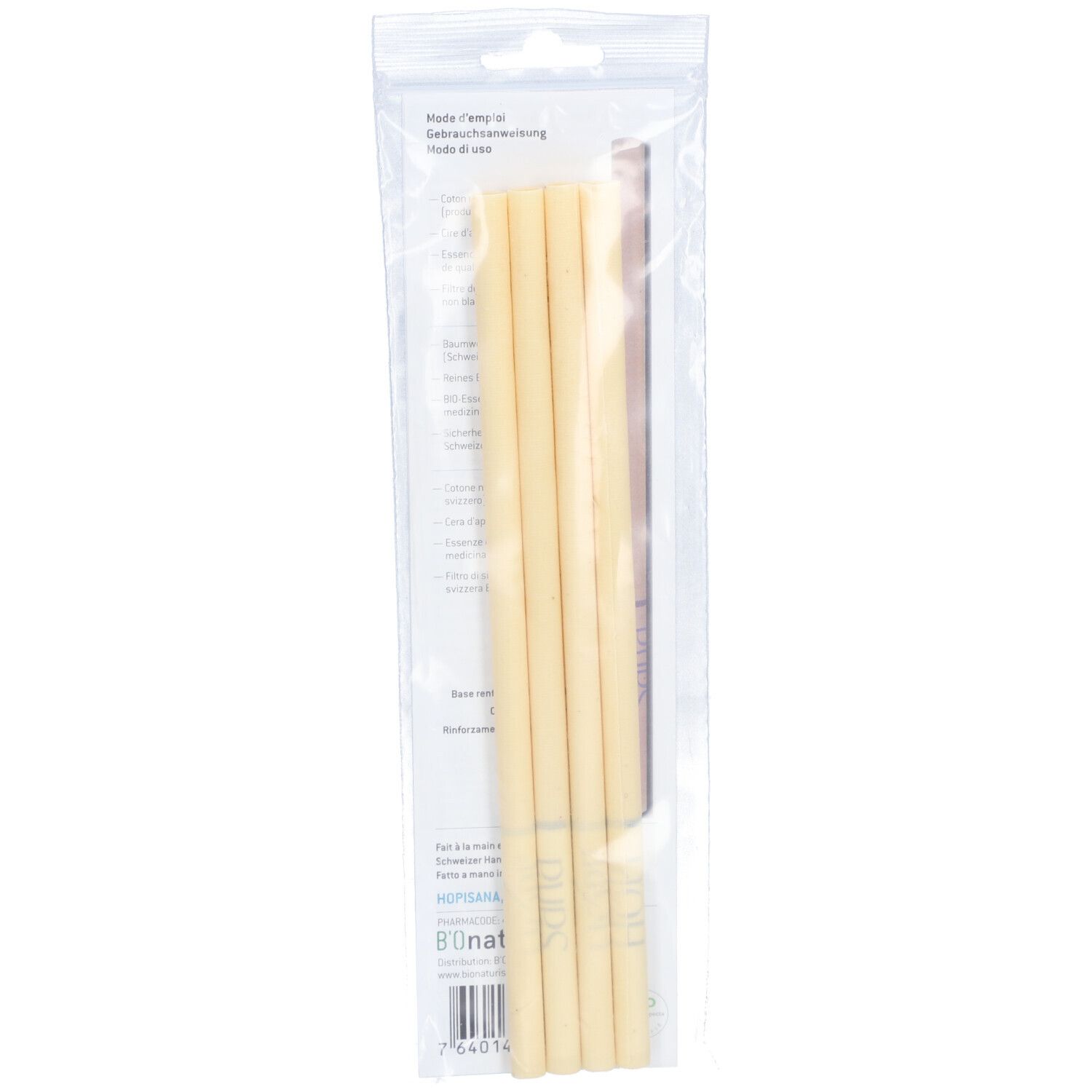 Rückseite der Verpackung mit 8 Ohrkerzen. Textinformationen und Barcode sichtbar.