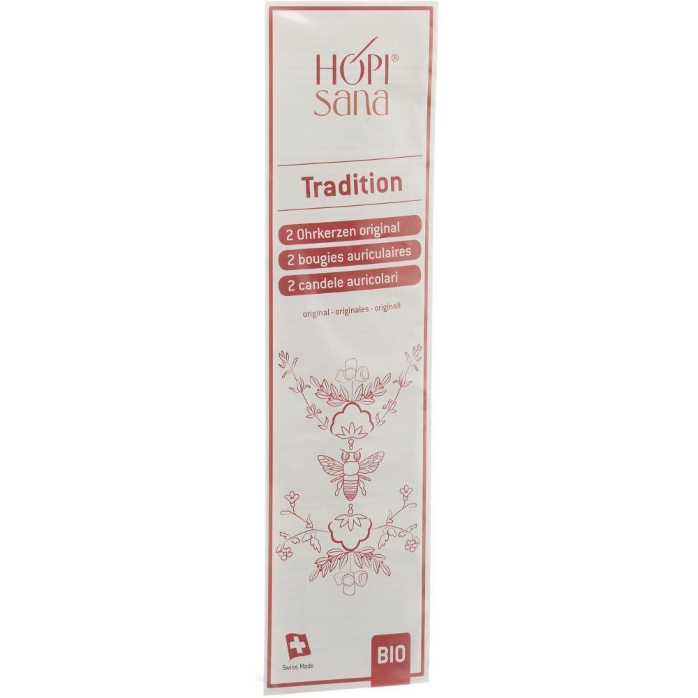 Emballage de bougies auriculaires. Inscription: HOPISANA, Tradition, 2 bougies auriculaires originales, label BIO.
