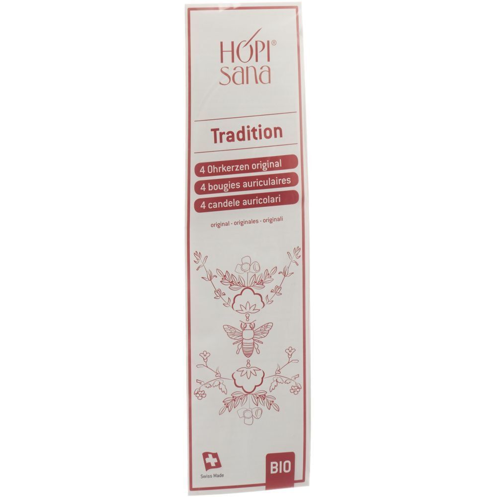 Verpackung mit Produktnamen und floralem Muster. Text: 4 Ohrkerzen original, BIO-Siegel.