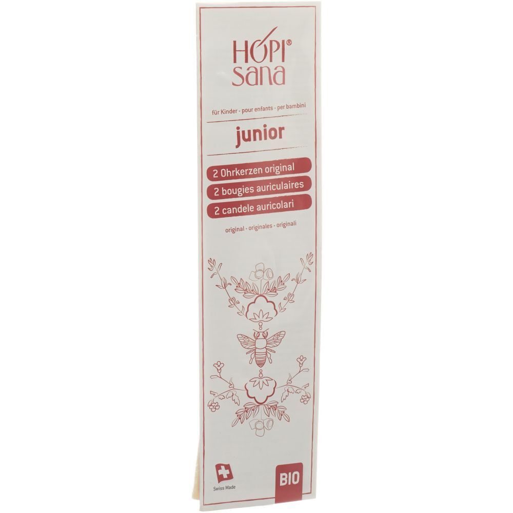 Verpackung mit Produktinformationen. Rote Schrift auf weißem Hintergrund. "HOPISANA" und "junior" sind sichtbar.