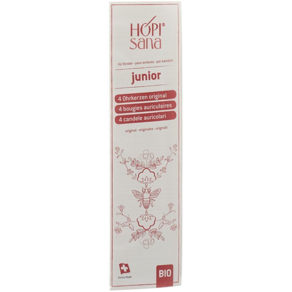 Verpackung mit HOPISANA Ohrenkerzen rot Kinder. Enthält 4 Ohrkerzen, rot markiert, mit floralem Muster und Bio-Siegel.