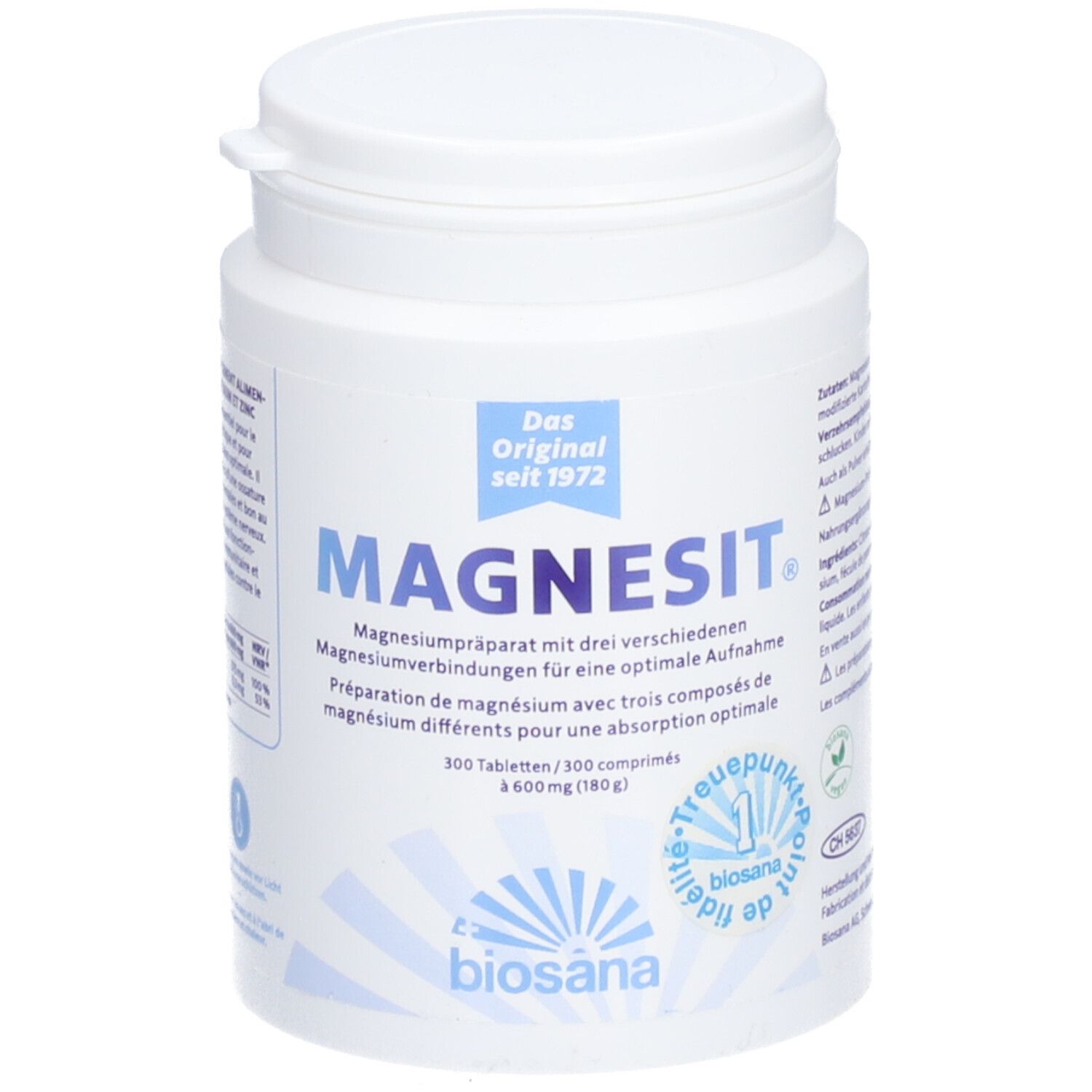 Boîte blanche avec "Magnesit". Texte: Préparation de magnésium, 300 comprimés, biosana. Couvercle à vis.