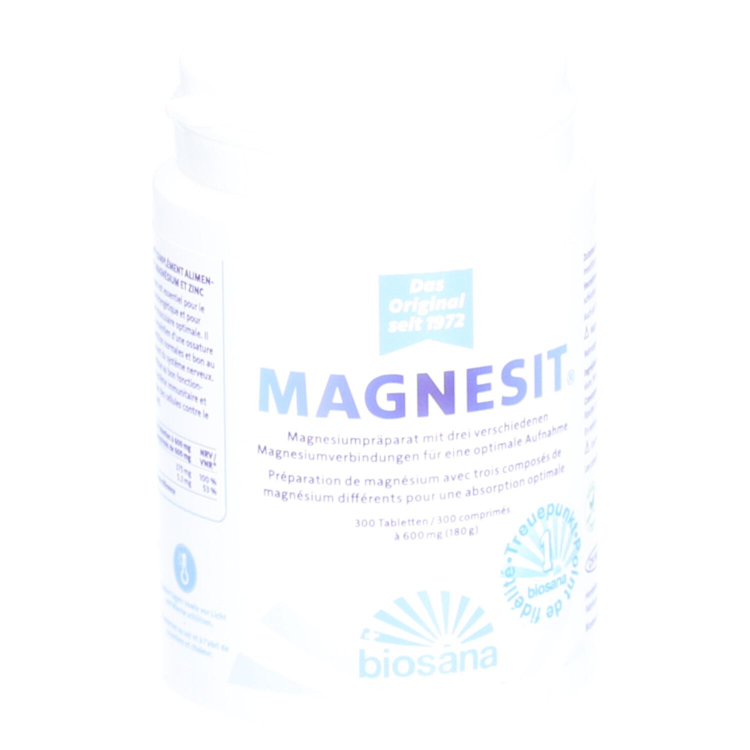 Boîte blanche avec "Magnesit". Texte: Préparation de magnésium, 300 comprimés, biosana. Couvercle à vis.