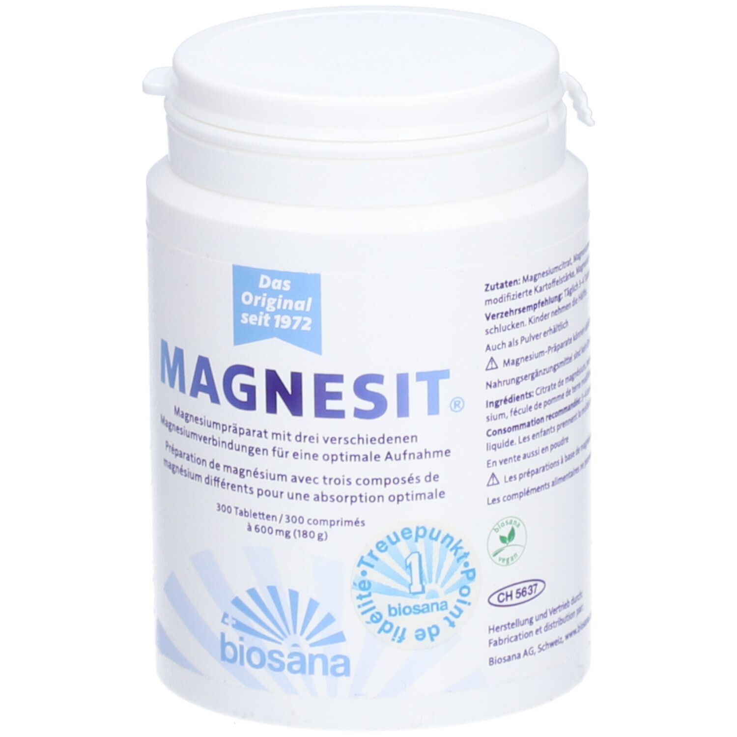 Boîte blanche avec "Magnesit". Texte: Préparation de magnésium, 300 comprimés, biosana. Couvercle à vis.