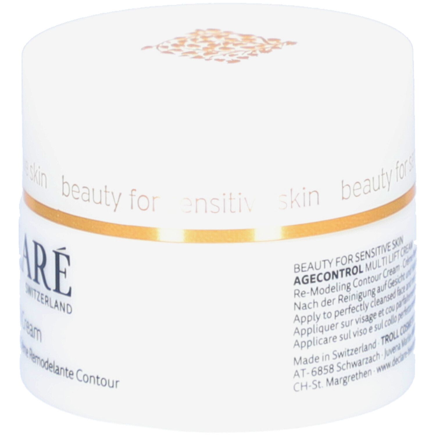 Weißer Tiegel mit goldfarbenem Deckel. Aufschrift DECLARÉ. Produktname: Multi Lift Cream. Text: Re-Modeling Contour Cream. 50ml.