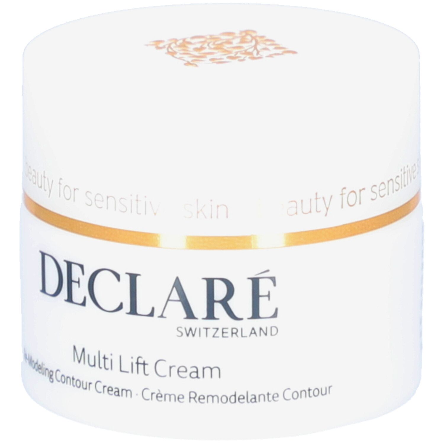 Weißer Tiegel mit goldfarbenem Deckel. Aufschrift DECLARÉ. Produktname: Multi Lift Cream. Text: Re-Modeling Contour Cream. 50ml.