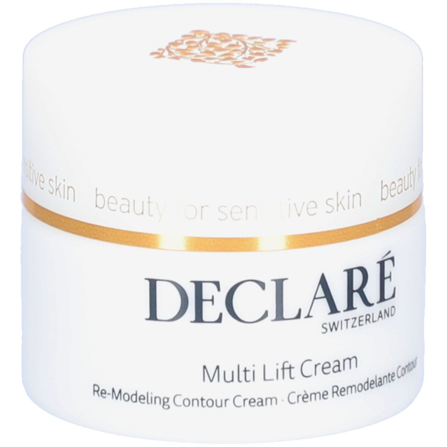 Weißer Tiegel mit goldfarbenem Deckel. Aufschrift DECLARÉ. Produktname: Multi Lift Cream. Text: Re-Modeling Contour Cream. 50ml.