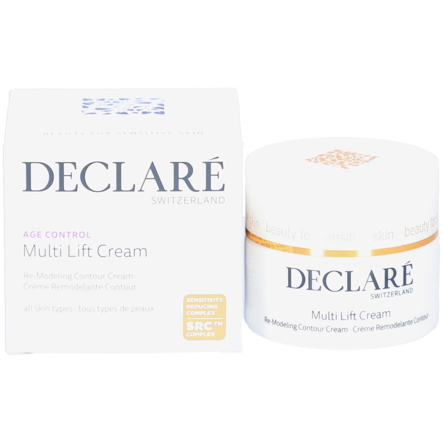 Produktverpackung mit Tiegel und Karton. Aufschrift DECLARÉ. Produktname: Multi Lift Cream. Text: Re-Modeling Contour Cream. 50ml.