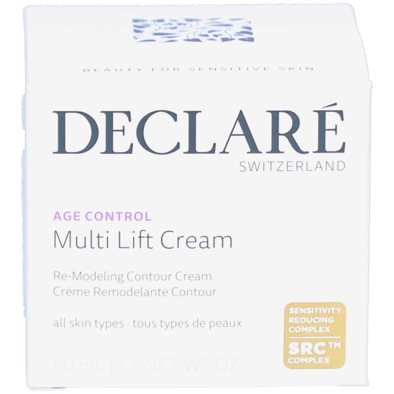 Produktverpackung. Aufschrift DECLARÉ. Produktname: Multi Lift Cream. Text: Re-Modeling Contour Cream. 50ml. Mit SRC-Komplex.