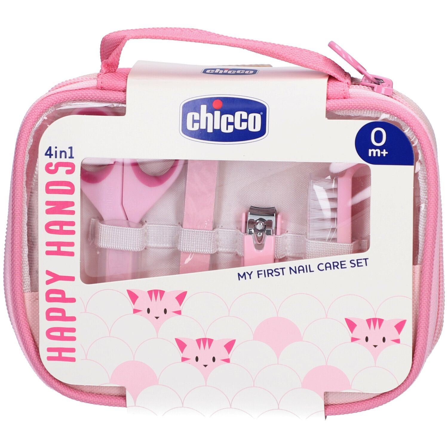 Nagelpflege-Set für Mädchen. Pinke Tasche mit Griff. Enthält Schere, Feile, Nagelknipper und Bürste. "Chicco"-Logo.