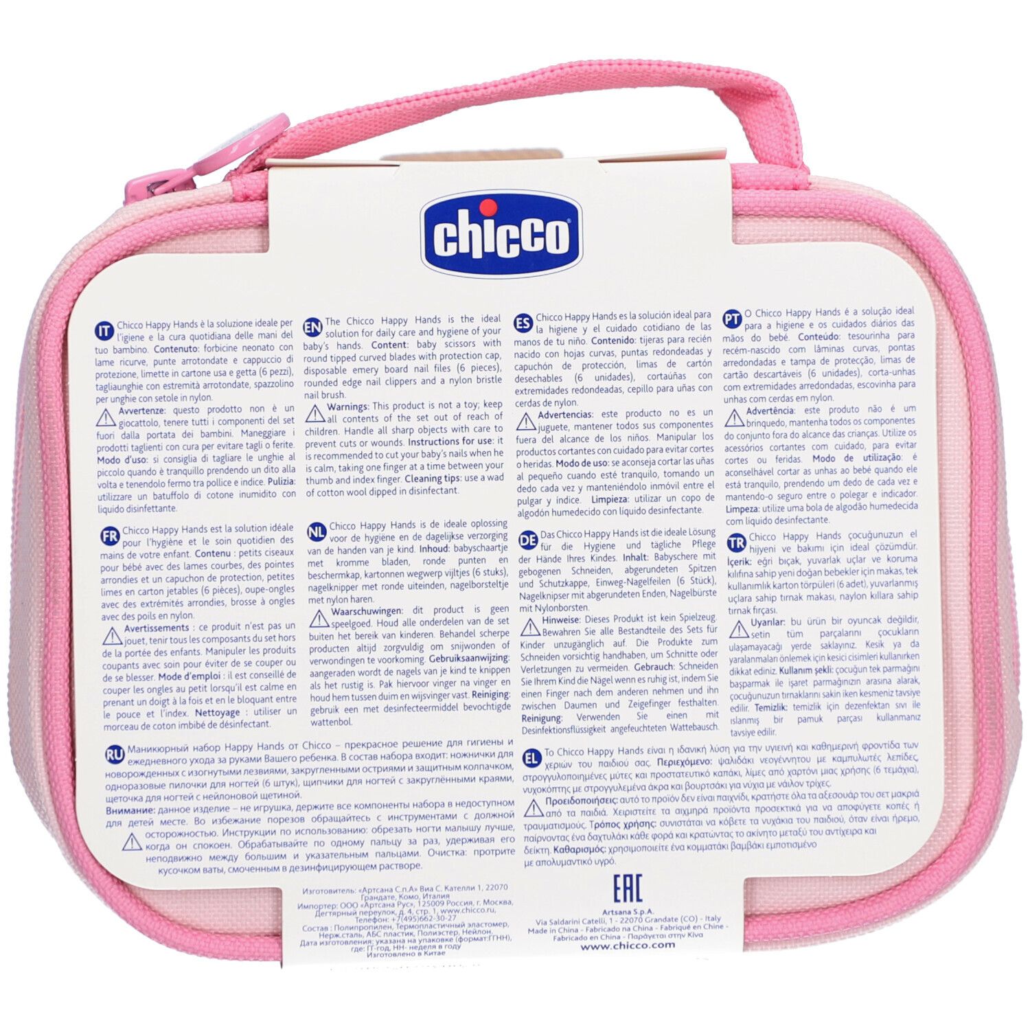 Rückseite der Nagelpflege-Set-Tasche. Rosa Tasche mit Griff. Text in mehreren Sprachen. "Chicco"-Logo.