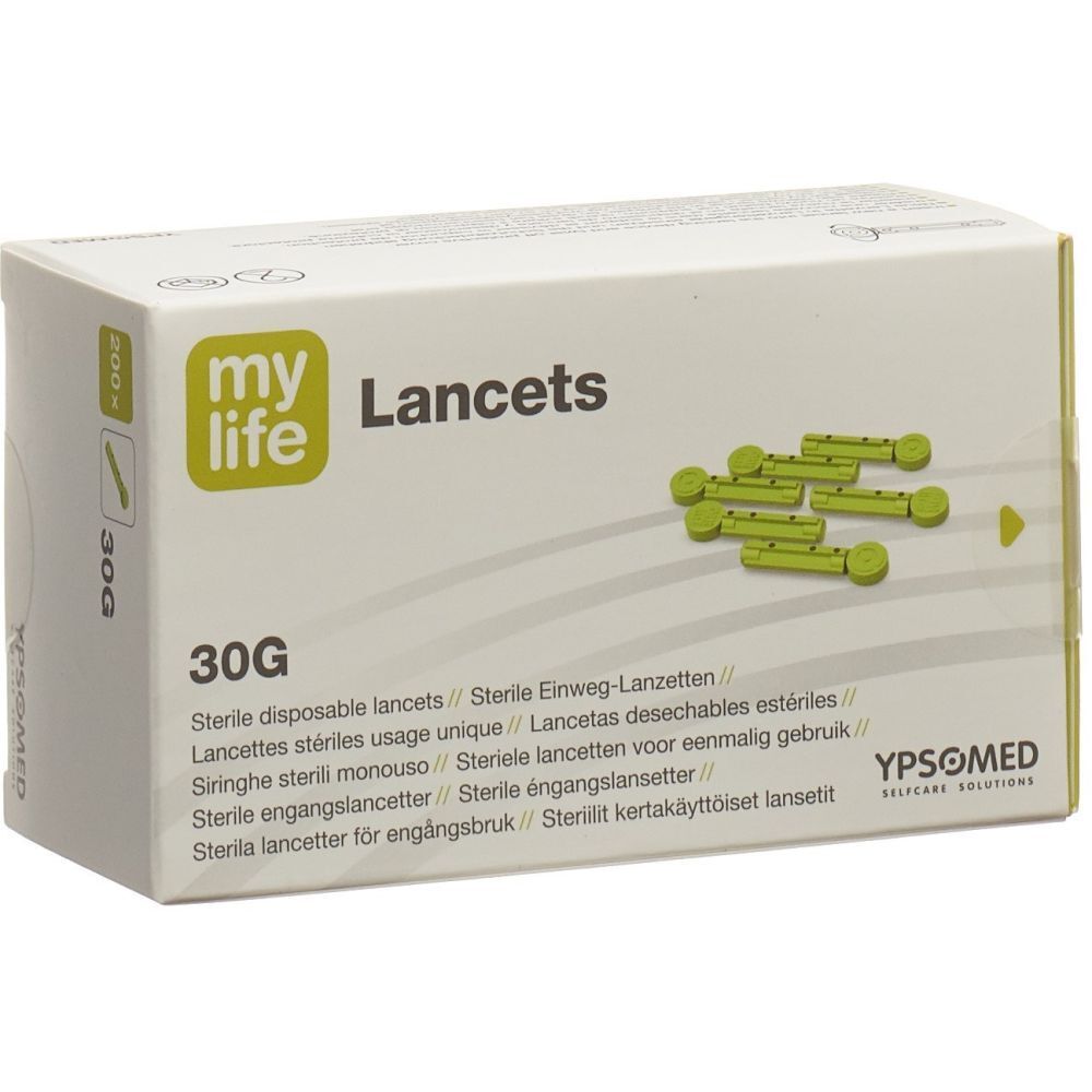 Boîte de lancettes mylife, 30G. Lancettes stériles à usage unique. Illustration de lancettes vertes.