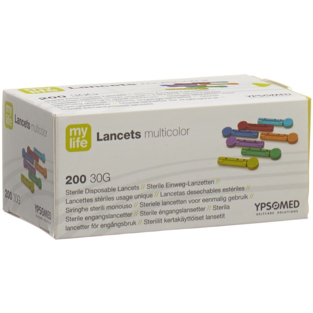 Packung mit multicolor Lanzetten. Aufschrift: my life Lancets multicolor, 200 30G. YPSOMED Logo.