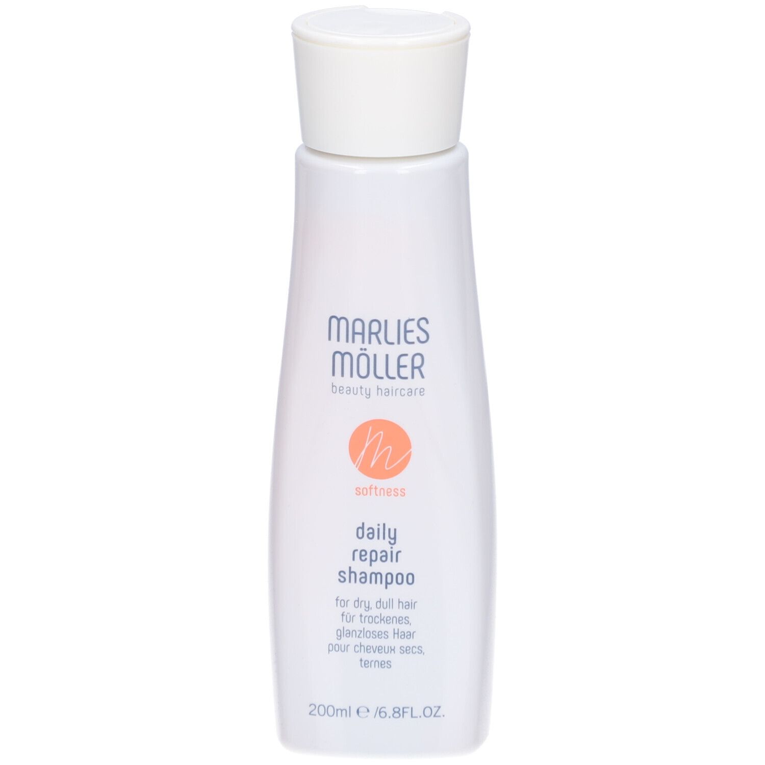 Weiße Shampoo-Flasche. Aufschrift: Marlies Müller, daily repair shampoo. 200ml/6.8FL.OZ.