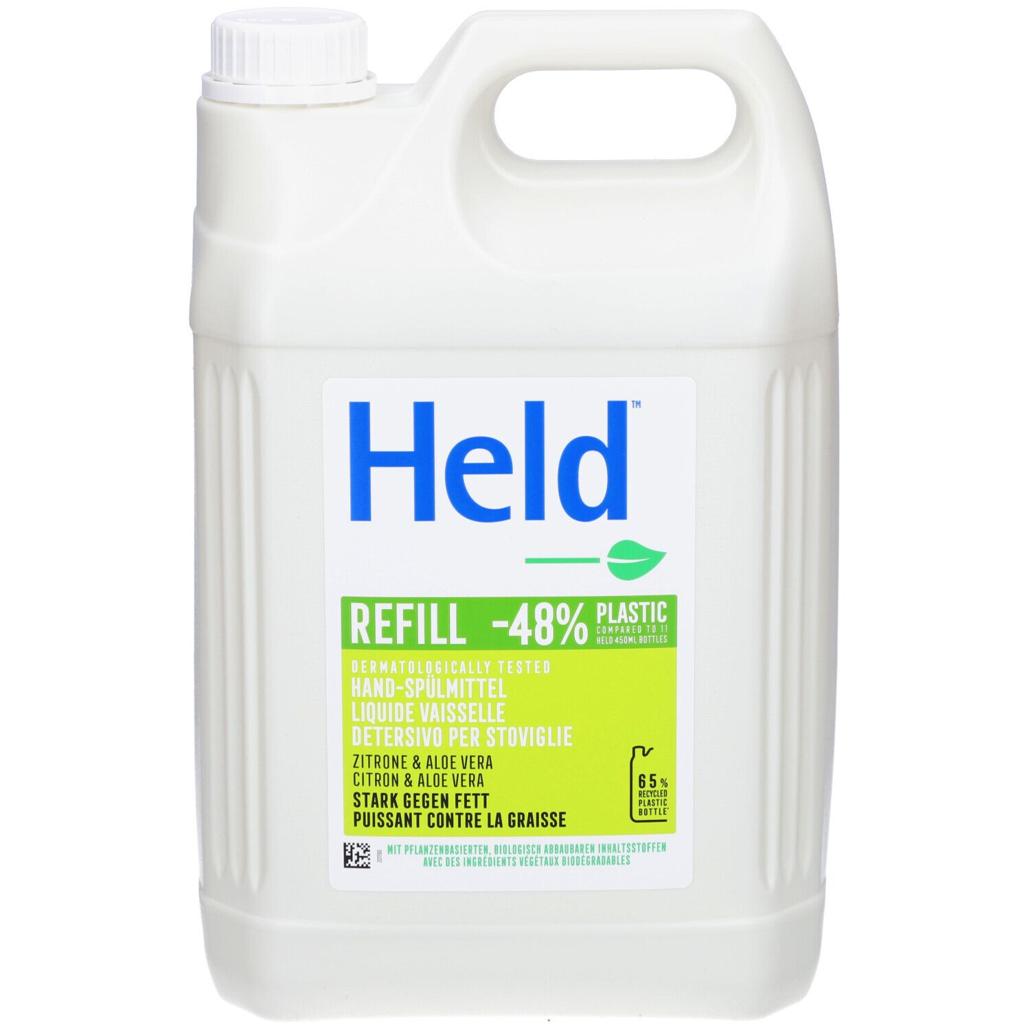 Weißer Kanister mit Griff und blauem "Held"-Logo. "REFILL" und Produktinformationen auf grünem Etikett. Zitronen- und Aloe Vera.