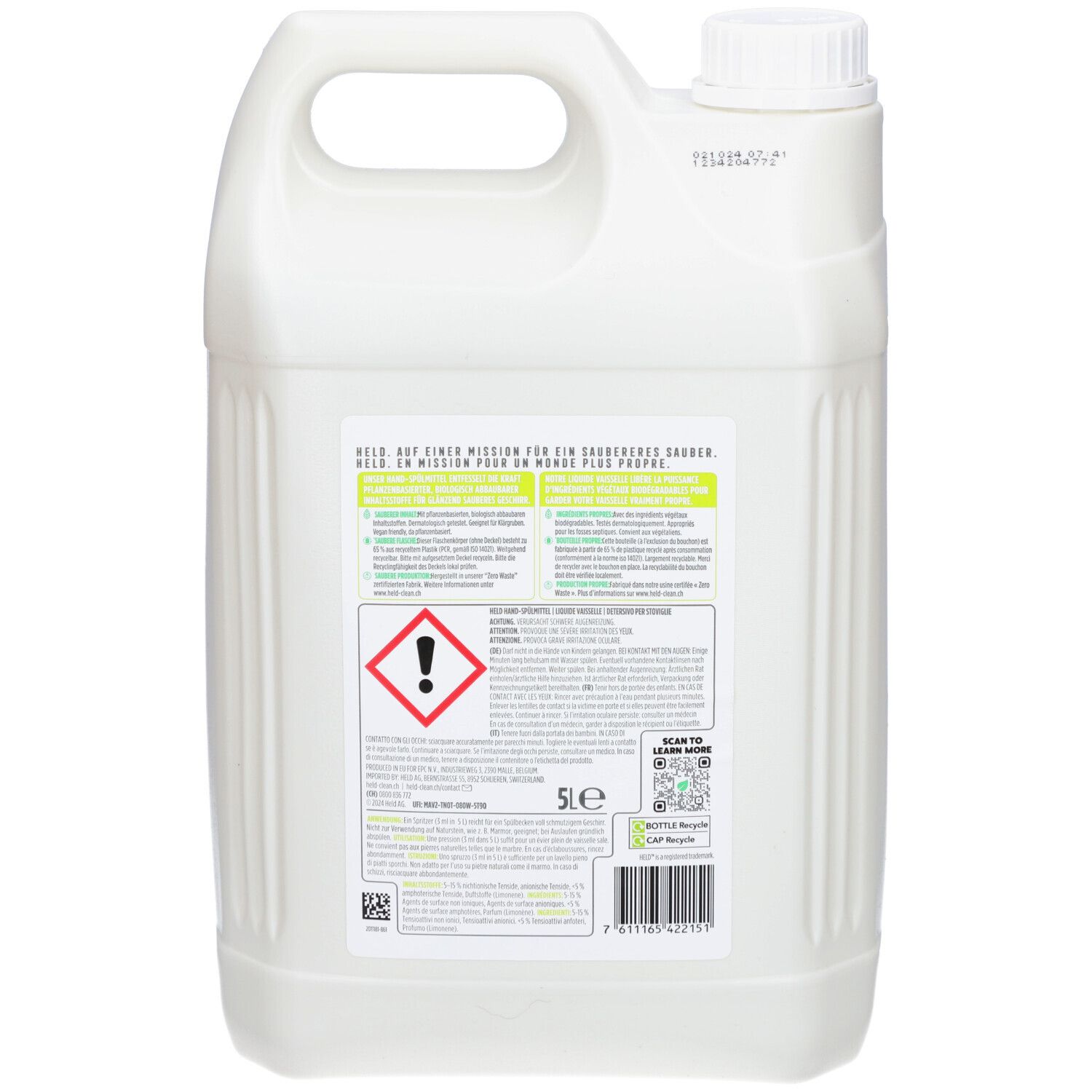 Rückseite des weißen Kanisters. Enthält Text, Warnhinweise und ein 5L-Etikett. QR-Code und Recycling-Logo.