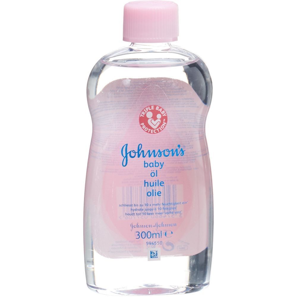 Klare Flasche mit rosa Verschluss. Etikett mit "Johnson's baby öl" und Logo. "Triple Baby Protection"-Siegel.
