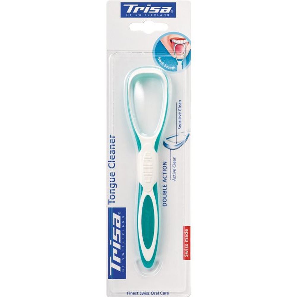 Nettoyeur de langue Trisa, emballage blister. Manche blanc et vert, nettoyeur vert clair. Double action.