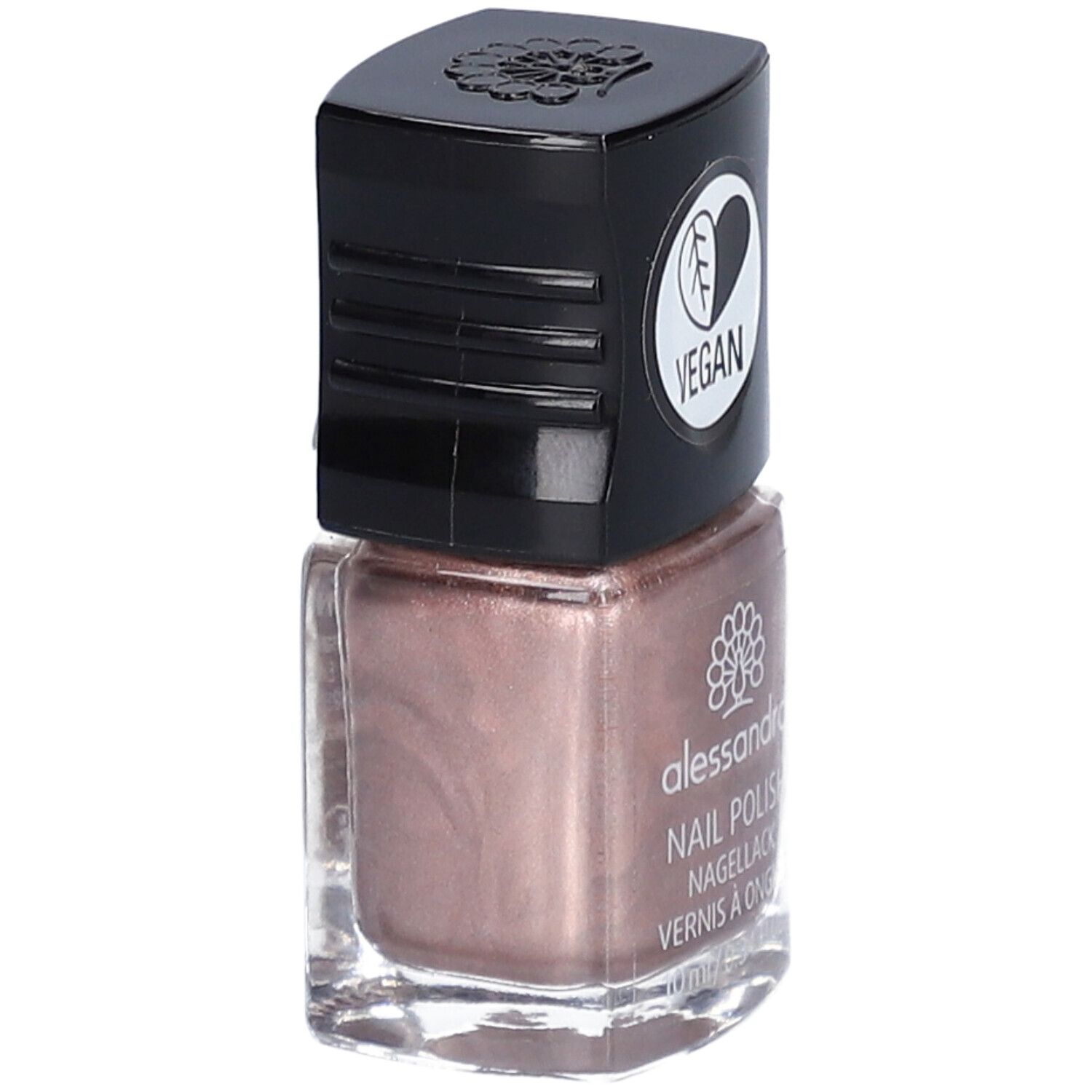 Flacon de vernis à ongles avec bouchon noir. Un label végétalien est sur le bouchon. "alessandro NAIL POLISH" est écrit sur le flacon.