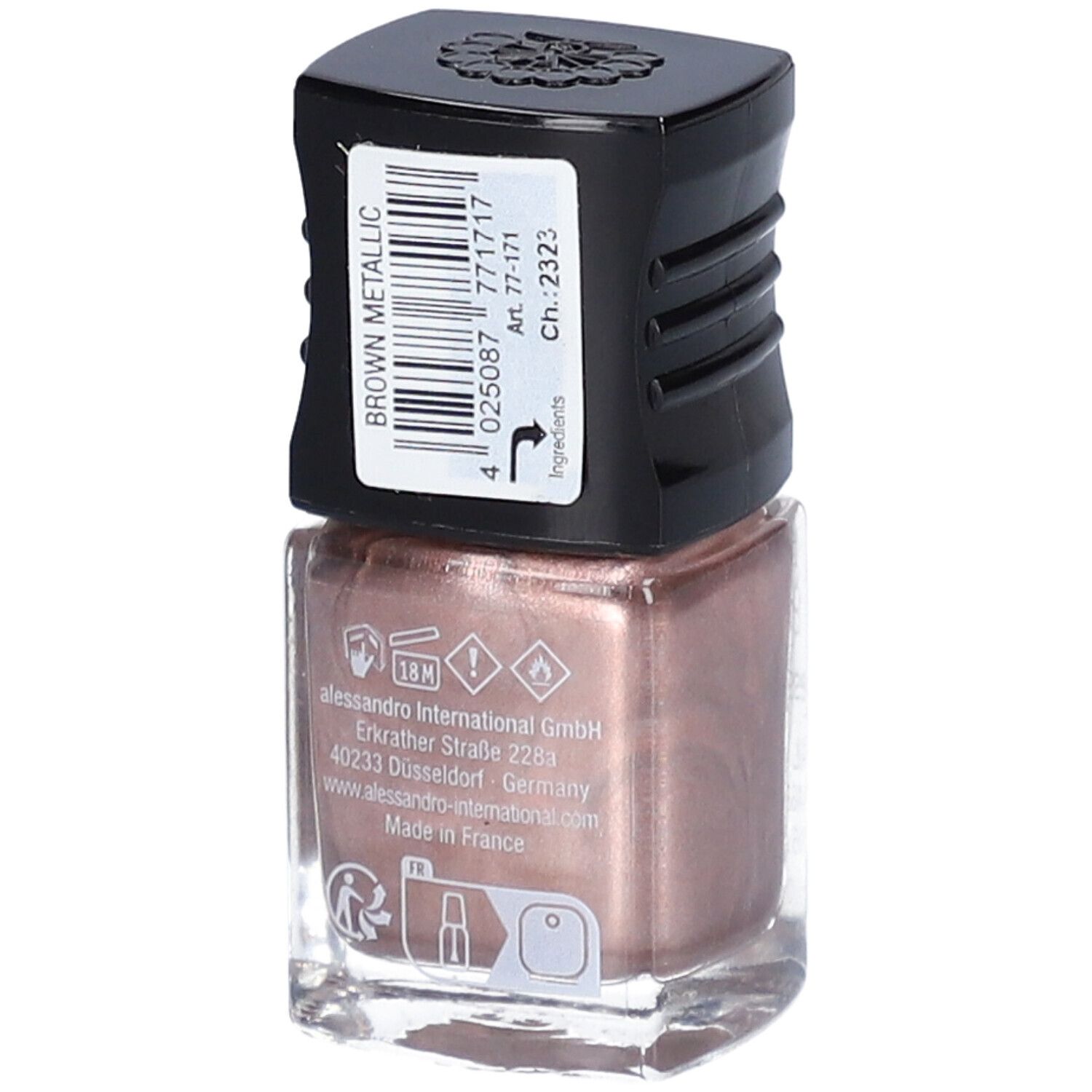 Flacon de vernis à ongles avec bouchon noir. L'étiquette contient des informations telles que "Brown Metallic" et "alessandro international GmbH".