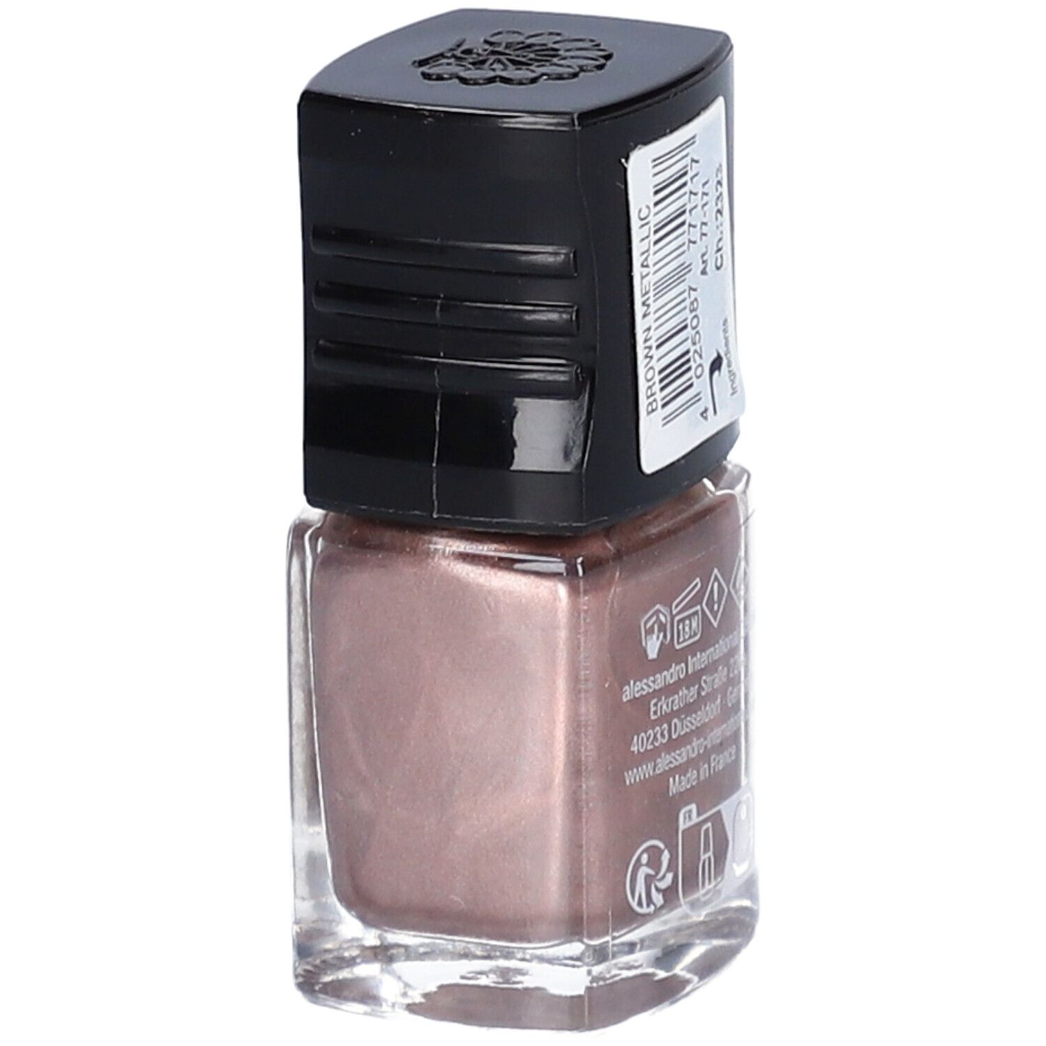 Flacon de vernis à ongles avec bouchon noir. L'étiquette contient des informations telles que "Brown Metallic" et "alessandro international GmbH".