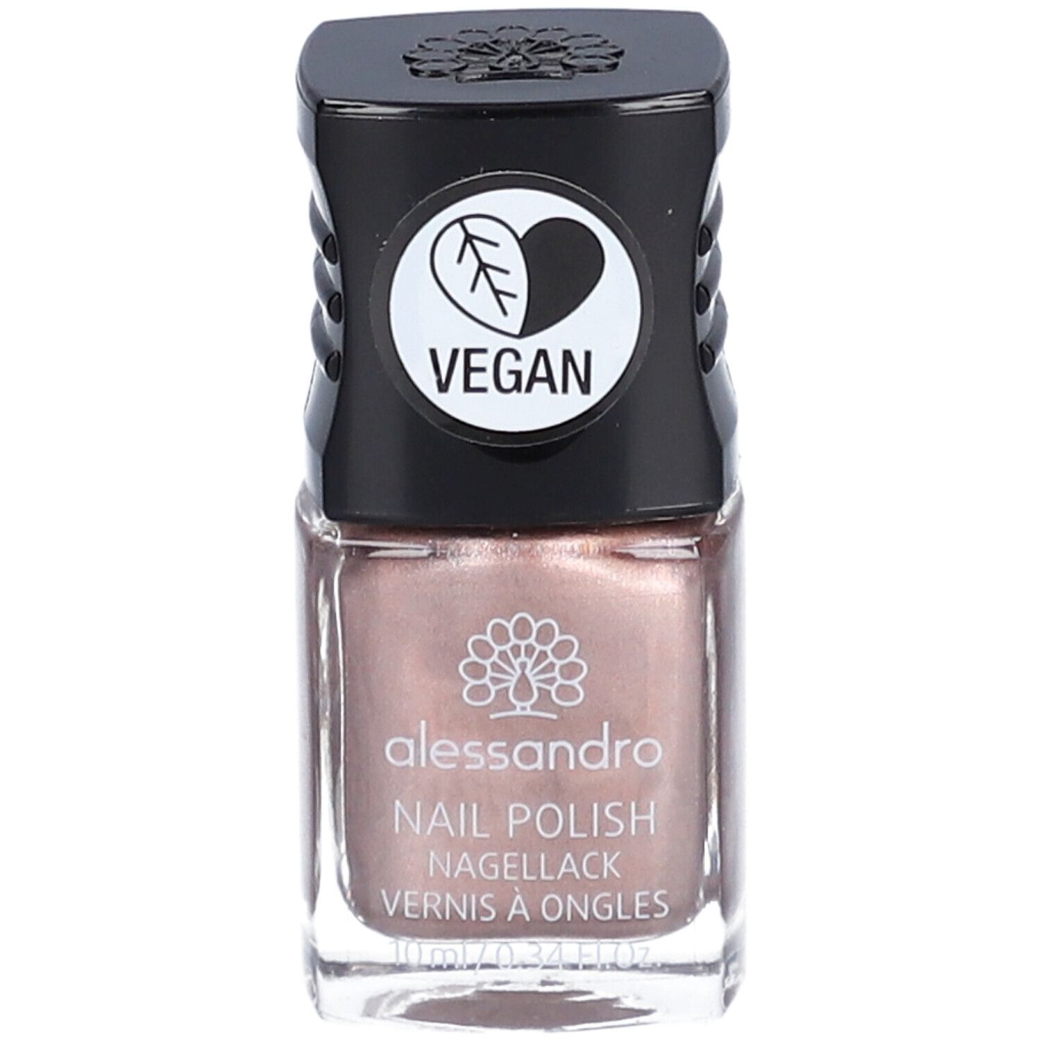 Flacon de vernis à ongles avec bouchon noir. Un label végétalien est sur le bouchon. "alessandro NAIL POLISH" est écrit sur le flacon.