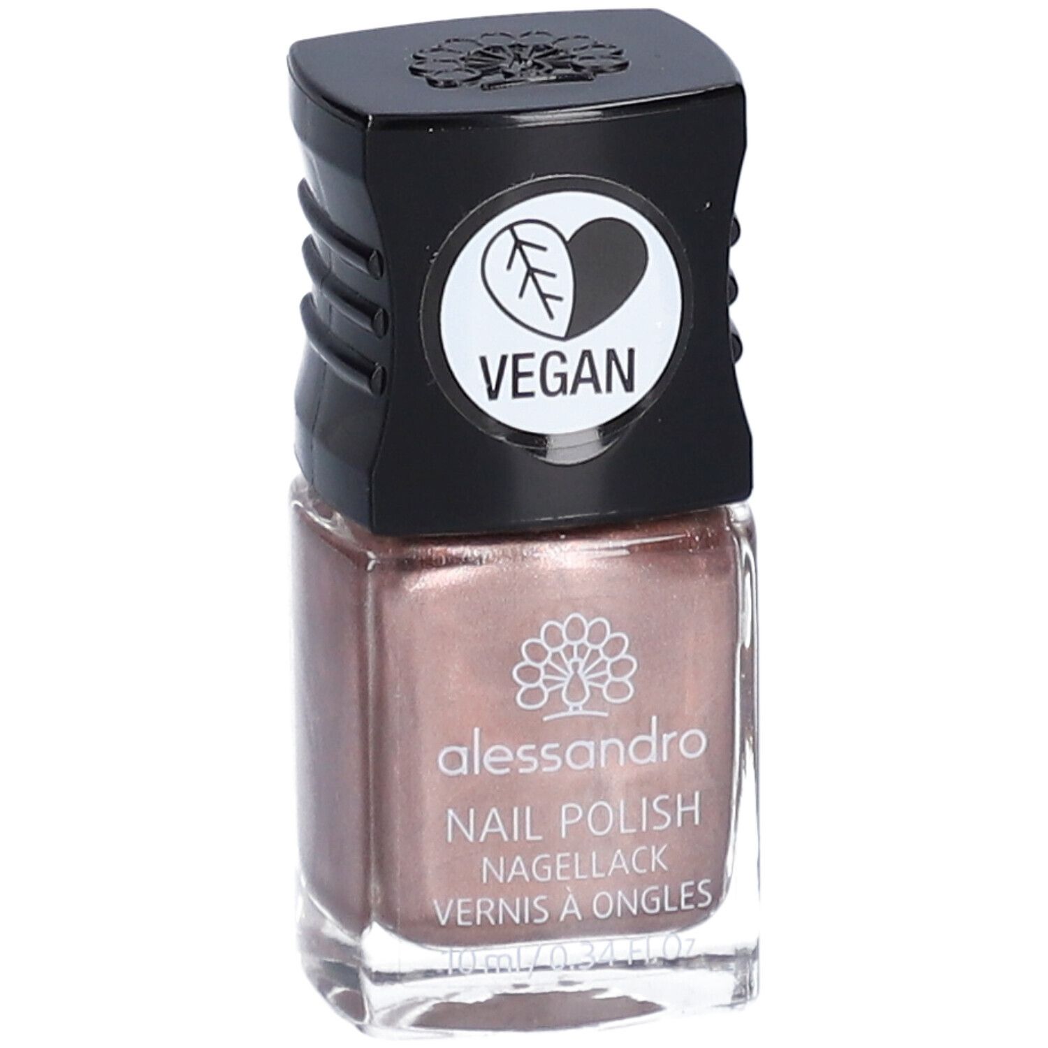 Flacon de vernis à ongles avec bouchon noir. Un label végétalien est sur le bouchon. "alessandro NAIL POLISH" est écrit sur le flacon.