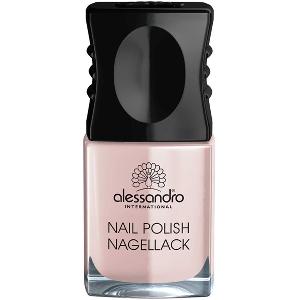 Flacon de vernis à ongles rose clair avec bouchon noir. Inscription : alessandro, vernis à ongles.