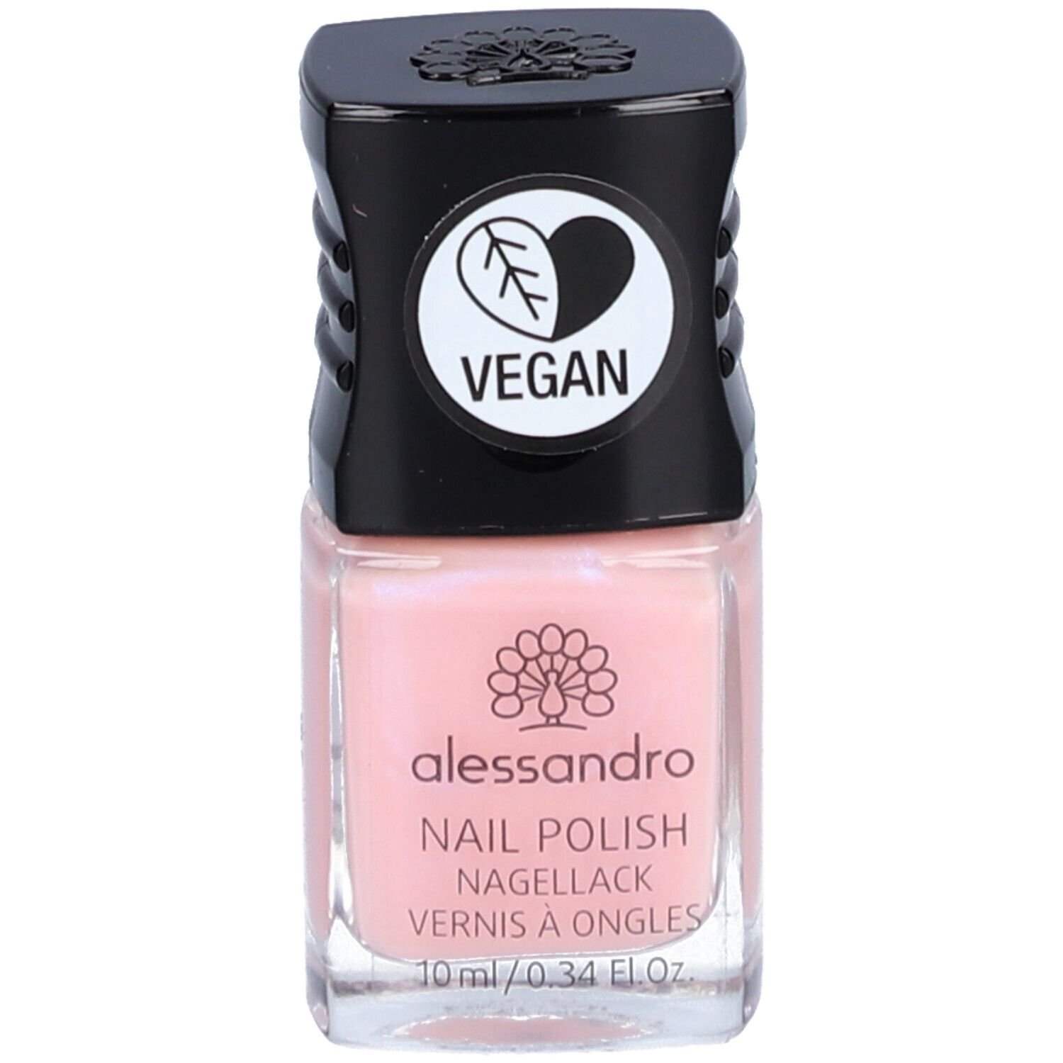 Flacon de vernis à ongles rose avec bouchon noir. L'étiquette indique "alessandro" et "VEGAN".