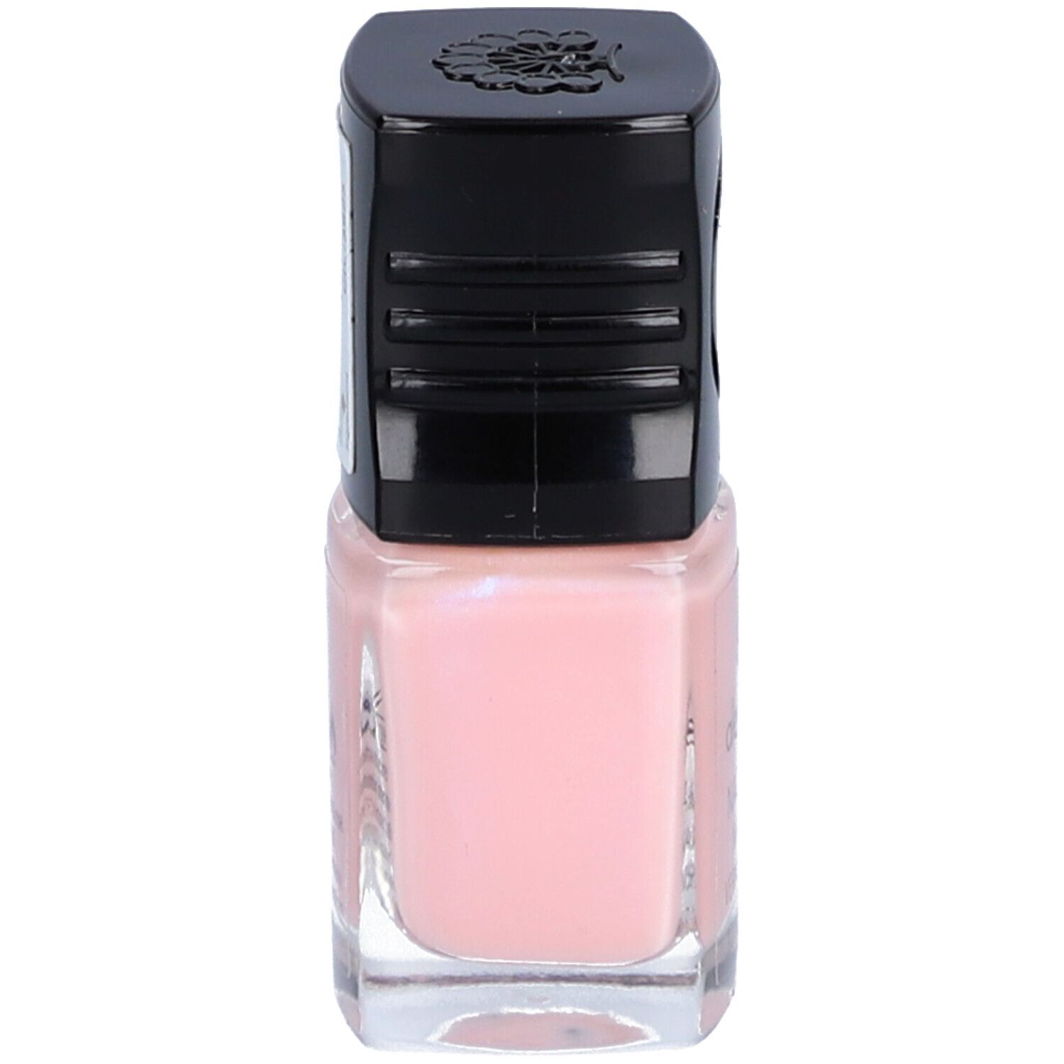 Flacon de vernis à ongles rose avec bouchon noir. Le bouchon a un motif floral.
