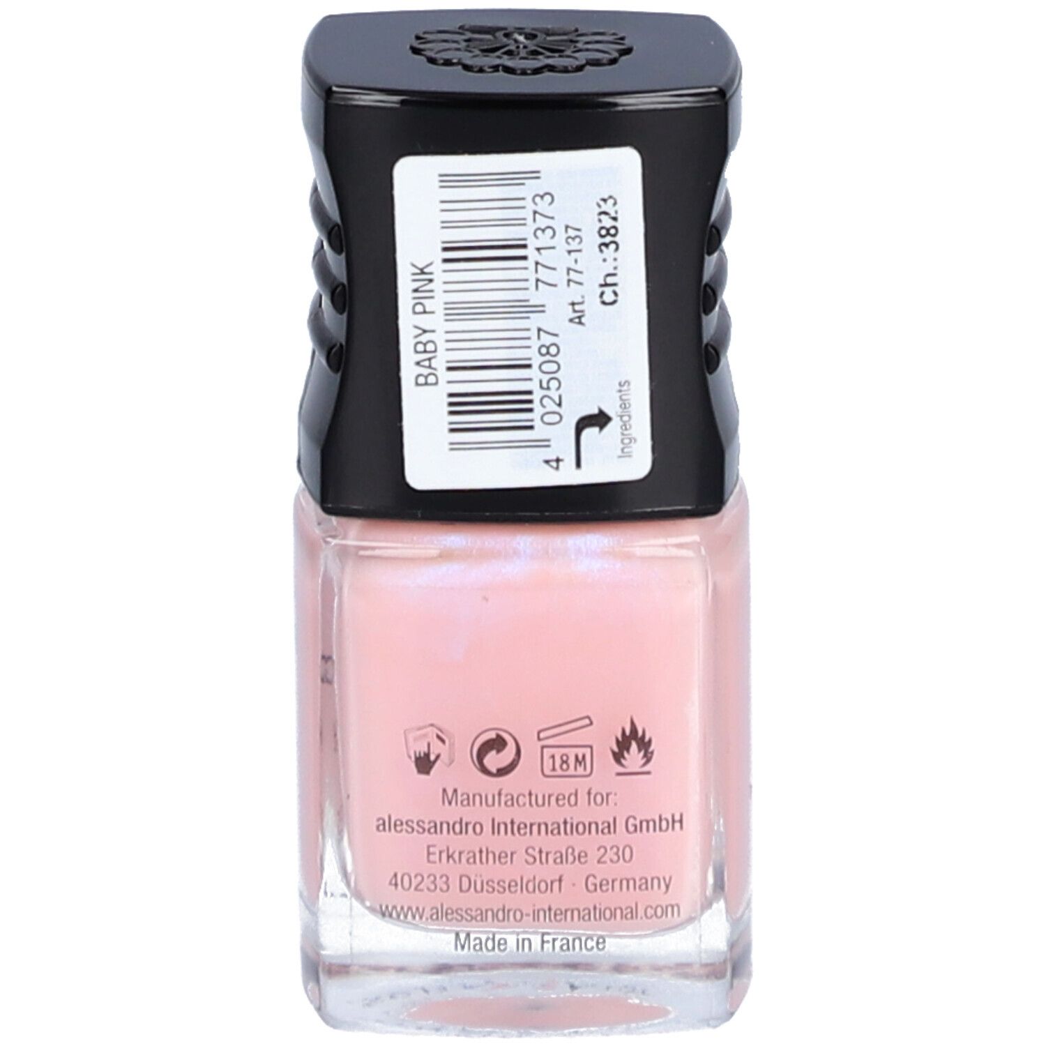 Dos d'un flacon de vernis à ongles rose avec bouchon noir. L'étiquette contient des informations et un code-barres.