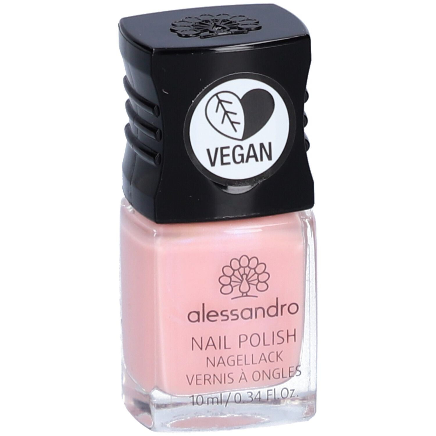 Flacon de vernis à ongles rose avec bouchon noir. L'étiquette indique "alessandro" et "VEGAN".