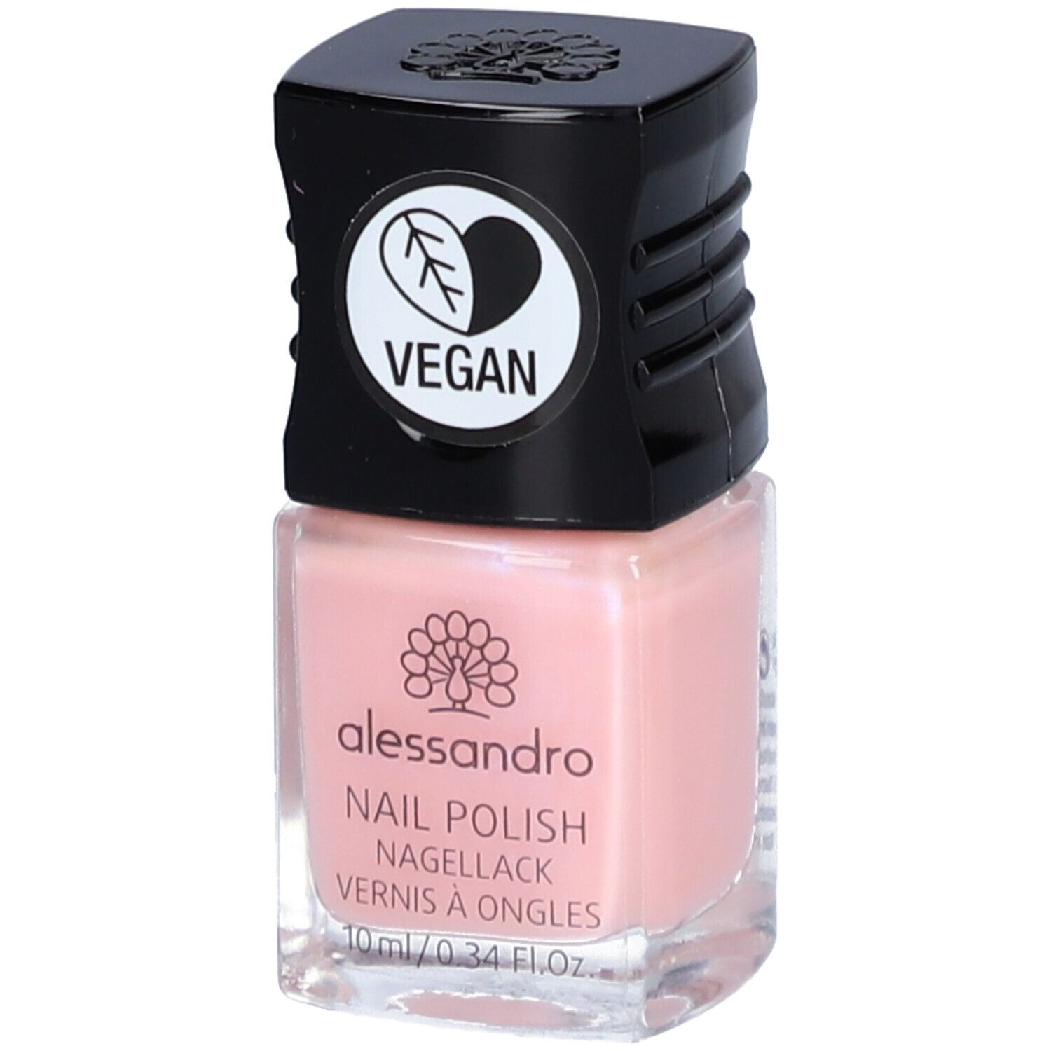 Flacon de vernis à ongles rose avec bouchon noir. L'étiquette indique "alessandro" et "VEGAN".